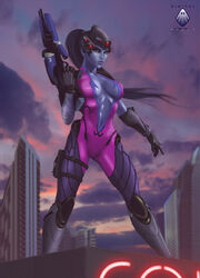  bodysuit breasts cleavage gun no_bra overwatch possible_duplicate tattoo thighhighs widowmaker 