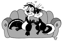  anthro black_and_white conditional_dnp domestic_cat duo eye_contact felid feline felis female fur furniture hand_holding heart_symbol kazoko_(artist) looking_at_another looney_tunes male male/female mammal mephitid monochrome multicolored_body multicolored_fur penelope_pussycat pepe_le_pew simple_background sitting skunk smile sofa two_tone_body two_tone_fur warner_brothers 