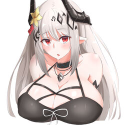  :o arknights bikini black_bikini breasts demon_horns female flower grey_hair hair_between_eyes hair_flower hair_ornament highres horns huge_breasts infection_monitor_(arknights) long_hair looking_at_viewer maiq06 material_growth mudrock_(arknights) mudrock_(silent_night)_(arknights) official_alternate_costume oripathy_lesion_(arknights) pointy_ears red_eyes solo stomach swimsuit underboob upper_body white_background yellow_flower 