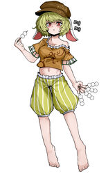  :t absurdres animal_ears barefoot blonde_hair breasts brown_hat cabbie_hat closed_mouth commentary_request crop_top dango eating fe_(tetsu) female floppy_ears food full_body hat highres holding holding_food looking_at_viewer mg_mg navel orange_shirt rabbit_ears red_eyes ringo_(touhou) shirt short_hair short_sleeves shorts simple_background smile solo touhou wagashi white_background yellow_shorts 