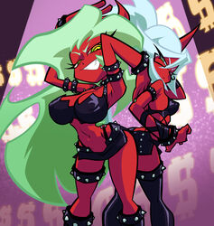  2girls absurdres arms_behind_head back-to-back belt colored_skin crop_top demon_girl demon_horns demon_tail evil_grin evil_smile from_below glasses green_eyes green_hair grin highres horns inker_comics kneehighs kneesocks_(psg) long_hair looking_at_viewer looking_back midriff miniskirt multiple_girls navel panty_&amp;_stocking_with_garterbelt ponytail rectangular_eyewear red_skin scanty_(psg) sharp_teeth siblings sisters skirt smile smug socks spotlight studded_armlet studded_belt studded_bracelet studded_choker studded_trim tail teeth thigh_bands thighs v-shaped_eyebrows very_long_hair yellow_eyes 