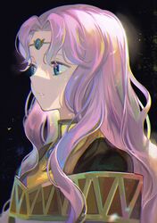  blue_eyes circlet female fire_emblem fire_emblem:_thracia_776 highres kyufe light_rays long_hair looking_to_the_side parted_bangs portrait purple_hair sara_(fire_emblem) simple_background solo wavy_hair 