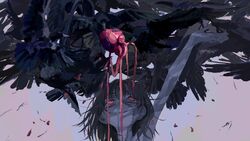  arm_up bird black_hair blood colored_skin crow eating empty_eyes end80236189 falling_feathers feathers female flock grey_skin grin heart_(organ) highres long_hair looking_up multicolored_skin original pink_eyes portrait sanpaku short_hair smile solo stitched_face stitches veins zombie 