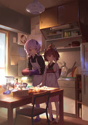  2girls ahoge apron basket black_shirt blush bowl brown_hair chair closed_eyes closed_mouth collared_shirt commentary cooking cooking_pot cup cutting_board cutting_onions day drinking_glass faucet frying_pan gloves hand_up hands_up headgear highres holding holding_cooking_pot indoors japanese_clothes kimono kitchen knife leaning_forward light_purple_hair long_hair long_sleeves looking_at_another multiple_girls onion purple_eyes purple_footwear purple_gloves purple_legwear red_footwear refrigerator ribbed_legwear rubbing_eyes shirt short_hair sleeves_pushed_up slippers smile standing table tearing_up touhoku_kiritan twintails vocaloid voiceroid white_apron white_kimono window wing_collar yamamomo_(plank) yuzuki_yukari 