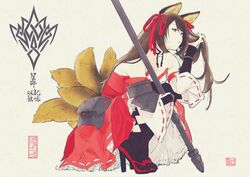  animal_ear_fluff animal_ears caleen_keemosn commission detached_sleeves female fox_ears fox_girl fox_tail frilled_skirt frills hair_ribbon hand_in_own_hair high_heels highres holding holding_weapon japanese_clothes looking_to_the_side red_footwear red_ribbon ribbon ribbon-trimmed_skirt ribbon_trim simple_background skeb_commission skirt solo squatting stamp_mark star_ocean star_ocean_anamnesis tail toweling3 weapon 