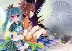  2girls arm_guards bad_id bad_pixiv_id bow brown_hair checkered_clothes checkered_shirt checkered_skirt green_bow green_hair green_skirt hair_ornament japanese_clothes magia_record:_mahou_shoujo_madoka_magica_gaiden magical_girl mahou_shoujo_madoka_magica midriff multiple_girls navel open_mouth purple_eyes red_eyes scanline_hair shikino_(sikinonono) shirt skirt smile uwasa_no_tsuruno yui_tsuruno 