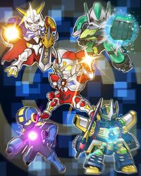  1boy arm_blade arm_cannon chibi clenched_hands crossover denkou_choujin_gridman dennou_boukenki_webdiver digimon digimon_(creature) gamiani_zero gladion_(webdiver) glowing green_eyes gridman_(character) highres holding holding_sword holding_weapon male_focus mask mecha mega_man_(series) mega_man_battle_network_(series) megaman.exe mouth_mask multiple_crossover netnavi omegamon open_hand robot srw_cover super_robot super_robot_wars sword tokusatsu trait_connection weapon yellow_eyes zegapain zegapain_altair 