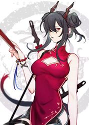  arknights bare_arms bare_shoulders bead_bracelet beads black_shorts bracelet breasts ch&#039;en_(ageless_afterglow)_(arknights) ch&#039;en_(arknights) china_dress chinese_clothes cleavage_cutout clothing_cutout commentary_request copyright_name double_bun dragon_horns dress female grey_hair hair_between_eyes hair_bun hand_up highres holding horns jewelry long_hair looking_at_viewer medium_breasts official_alternate_costume open_mouth red_dress red_eyes shorts sleeveless sleeveless_dress solo ting_(machi_nakahara) upper_body 