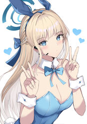  absurdres animal_ears bare_shoulders blonde_hair blue_archive blue_bow blue_eyes blue_halo blue_leotard bow braid breasts cleavage commentary detached_collar double_v fake_animal_ears female halo headset heart highleg highleg_leotard highres leotard long_hair looking_at_viewer namakisama official_alternate_costume playboy_bunny rabbit_ears sidelocks simple_background single_braid solo strapless strapless_leotard toki_(blue_archive) toki_(bunny)_(blue_archive) v white_background 