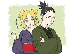  1boy bad_id bad_pixiv_id black_eyes black_hair blonde_hair boruto:_naruto_next_generations closed_mouth couple crossed_arms earrings female forehead green_eyes green_kimono grin highres japanese_clothes jewelry kimono long_sleeves looking_at_another nara_shikamaru naruto_(series) open_mouth pinoko_(pnk623) ponytail purple_kimono smile straight teeth temari_(naruto) 