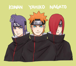  2boys bad_id bad_pixiv_id black_jacket blue_eyes character_name closed_mouth commentary_request female flower forehead_protector green_background grey_eyes hair_bun hair_flower hair_ornament hair_over_one_eye highres jacket konan_(naruto) looking_at_viewer multiple_boys nagato_(naruto) naruto_(series) naruto_shippuuden ninja orange_hair pinoko_(pnk623) purple_eyes purple_flower purple_hair purple_rose red_hair rinnegan rose short_hair simple_background single_hair_bun smile yahiko_(naruto) 