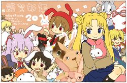  2011 3boys 4girls alice_in_wonderland animal animal_ears bishoujo_senshi_sailor_moon bugs_bunny cathy_(sanrio) character_request chinese_zodiac commentary_request copyright_request crossover fruits_basket highres inaba_(urusei_yatsura) inaba_tewi king_kazma kirenenko_(usavich) long_hair looney_tunes miffy miffy_(character) mimi_(pop&#039;n_music) multiple_boys multiple_crossover multiple_girls my_melody name_connection onegai_my_melody playboy polka_dot polka_dot_background pop&#039;n_music putin_(usavich) rabbit rabbit_(winnie_the_pooh) rabbit_ears reisen_udongein_inaba sanrio souma_momiji summer_wars thunderbunny_(character) timer_(pop&#039;n_music) too_many too_many_rabbits touhou tsukino_usagi urusei_yatsura usavich white_rabbit_(alice_in_wonderland) year_of_the_rabbit yukke 