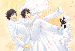  2boys 2girls bad_id bad_pixiv_id carrying couple dress hino_eiji inagi izumi_hina kamen_rider kamen_rider_ooo_(series) kamen_rider_w multiple_boys multiple_girls narumi_akiko petals princess_carry straight terui_ryuu wedding_dress 