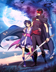  1boy arm_guards armband belt black_hair blue_eyes braid cape chokutou commentary crescent crossover dragon_ornament female full_moon genzoman hand_on_shoulder height_difference huge_moon kashira_(pommel) katana kurogane_(tsubasa_chronicle) long_hair makimachi_misao manly moon photoshop_(medium) pommel red_eyes rurouni_kenshin straight sword tsubasa_chronicle weapon 