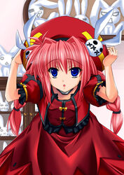  blue_eyes braid collection female hat looking_at_viewer lyrical_nanoha magical_girl maho_(yakimorokoshi) mahou_shoujo_lyrical_nanoha_strikers red_hair solo stuffed_animal stuffed_rabbit stuffed_toy twin_braids vita_(nanoha) 