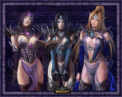  3girls armor azazel bikini_armor blood_elf_(warcraft) book breasts breasts_apart elf green_eyes human_(warcraft) instructor_malicia jandice_barov lady_illucia_barov large_breasts mage_(warcraft) multiple_girls pelvic_curtain pointy_ears see-through thighhighs warcraft world_of_warcraft 