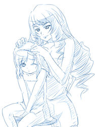  2girls bath blue_theme dominura_(simoun) limone_(simoun) monochrome multiple_girls photoshop_(medium) same-sex_bathing shared_bathing simoun sketch towel 