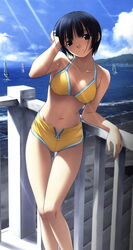  adjusting_hair beach bikini black_eyes black_hair blush day female fence guard_rail halterneck hand_to_head hashimoto_takashi highres ichinose_mio leaning light_rays light_smile looking_at_viewer open_fly outdoors short_hair solo standing swimsuit thigh_gap unzipped water white_breath windsurfing yellow_bikini zipper 