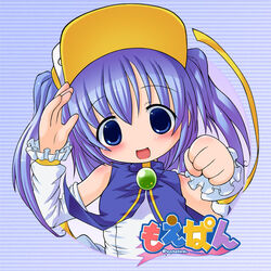  :d arm_up blue_eyes brooch character_name female frilled_sleeves frills gem jewelry long_sleeves looking_at_viewer moetan open_mouth outside_border parody pastel_ink purple_hair round_image salute smile solo striped striped_background tareme text_focus title_parody tokuda_shinnosuke upper_body visor_cap 