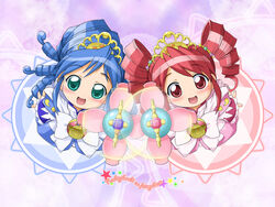  2girls blue_dress bow dress drill_hair fine_(futagohime) fine_(prominence_dress_up)_(futagohime) frills fushigiboshi_no_futago_hime highres holding holding_wand magical_girl multiple_girls pink_dress rein_(futagohime) rein_(prominence_dress_up)_(futagohime) supportasse tiara tokuda_shinnosuke twintails wand wide_sleeves 