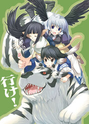  3girls :d ^_^ animal_ears aruruu black_hair black_wings blunt_bangs camyu claws closed_eyes commentary_request creature dog_ears green_background grey_hair long_hair mukkuru multiple_girls multiple_riders open_mouth riding sharp_teeth short_hair simple_background smile teeth utawarerumono very_long_hair wings yukitsuki_hisa yuzuha_(utawarerumono) 