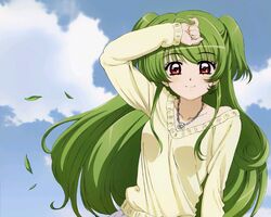  cloud day female green_hair inukami! jewelry long_hair necklace outdoors red_eyes sky smile solo tomooka_shinpei youko_(inukami) 