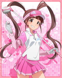  :d ball blush brown_eyes brown_hair female golf golf_ball golf_club grin holding holding_ball holding_golf_ball idolmaster idolmaster_million_live! looking_at_viewer matsuda_arisa official_art open_mouth skirt smile solo twintails visor_cap 