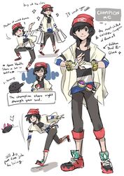  1boy 1other aged_up androgynous bag beanie capri_pants commentary_request dc9spot elio_(pokemon) english_text fingerless_gloves fusion gloves grey_hair hat highres long_hair master_ball other_focus pants poke_ball pokemon pokemon_(creature) pokemon_sm pyukumuku selene_(pokemon) shirt shopping_bag simple_background striped_clothes striped_shirt sunglasses thai_commentary ultra_ball white_background z-crystal z-ring 