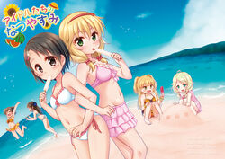  6+girls akagi_miria back-to-back barefoot beach bikini black_eyes black_hair blonde_hair blush bow closed_eyes commentary_request eating food green_eyes hair_ornament hairclip idolmaster idolmaster_cinderella_girls jougasaki_rika jumping licking long_hair multiple_girls naoharu_(re_barna) navel ocean oerba_yun_fang outdoors photoshop_(medium) popsicle ribbon sakurai_momoka sand_sculpture sasaki_chie short_hair side-tie_bikini_bottom smile squatting swimsuit tachibana_arisu tongue twintails two_side_up yusa_kozue 