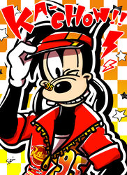  2017 4_fingers anthro black_hair black_nose canid canine canis cars_(disney) checkered checkered_background clothed clothing digital_drawing_(artwork) digital_media_(artwork) disney domestic_dog fingers fully_clothed gloves goof_troop gradient_background grin hair handwear hi_res jacket lightning_mcqueen m_ssk626 male mammal max_goof one_eye_closed pattern_background pixar signature simple_background smile solo star topwear visor white_clothing white_gloves white_handwear wink y2k_(graphic_design) zipper 