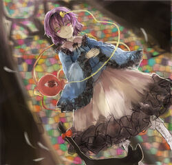  animal black_fur blue_shirt bow commentary_request dutch_angle eyeball feline female hairband hand_on_own_chest heart ingaran_riel kaenbyou_rin kaenbyou_rin_(cat) komeiji_satori long_sleeves mosaic_pattern photoshop_(medium) purple_eyes purple_hair shirt short_hair skirt smile solo third_eye touhou white_skirt window 