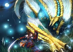  battle brown_eyes brown_hair claws commentary_request dragon female full_moon hat highres horns long_hair monster_hunter_(character) monster_hunter_(series) monster_hunter_portable_3rd moon ponytail sandals shield sword weapon windtalker wyvern yukumo_(armor) zinogre 