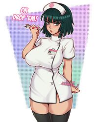  arm_behind_back breasts dark_green_hair doctor female fubuki_(one-punch_man) green_eyes hat highres jakuson_z looking_at_viewer md5_mismatch nurse nurse_cap one-punch_man patreon_username short_hair solo standing syringe thighhighs thighs twitter zettai_ryouiki 