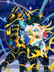  animal_ears antlers blue_eyes breasts cleavage_cutout clothing_cutout creature_and_personification female flower_knot giraffe giraffe_ears giraffe_girl giraffe_horns giraffe_tail gold_trim horns kemono_friends kemono_friends_3 kikuchi_milo kirin_(kemono_friends) large_breasts looking_at_viewer one_eye_closed qilin_(mythology) scale_print tail tassel thighlet v 