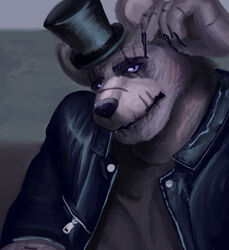  2021 anthro bear black_nose brown_body brown_fur clothing digital_media_(artwork) digital_painting_(artwork) eye_scar eyebrows facial_scar fingernails five_nights_at_freddy&#039;s five_nights_at_freddy&#039;s_4 fur glistening glistening_eyes hat headgear headwear hi_res jacket leather leather_clothing leather_jacket leather_topwear lip_scar long_fingernails looking_at_viewer male mammal nails nightmare_freddy_(fnaf) pinumontbalou pose scar scottgames sharp_fingernails sharp_nails shirt snout snout_scar solo top_hat topwear 