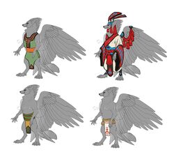  2019 4_toes 5_fingers alecani avian canid canine clothed clothing digital_media_(artwork) digitigrade feathered_wings feathers feet fingers hybrid katie_hofgard mammal multiple_outfits solo standing toes wings 