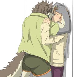  1:1 2021 anthro ass blush bodily_fluids bottomwear brown_body brown_fur canid canine canis closed_eyes clothing digital_media_(artwork) duo fur hi_res human human_on_anthro interspecies kissing larger_anthro lifewonders male male/male mammal multicolored_body multicolored_fur muscular muscular_anthro muscular_male pants pinned pinned_to_wall romantic romantic_couple shinya_(tas) shirt size_difference smaller_human sweat sweater temujin_(tas) tokyo_afterschool_summoners topwear underwear vhb3art white_body white_fur wolf 