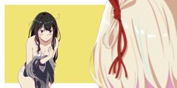  2girls absurdres bare_shoulders black_hair blonde_hair blue_dress blush border breasts cleavage closed_mouth collarbone commentary dress embarrassed grey_dress grey_eyes hair_ribbon highres inoue_takina long_hair looking_at_another loose_hair_strand lycoris_recoil lycoris_uniform misskiwi multiple_girls nishikigi_chisato panties partially_undressed red_ribbon ribbon sidelocks sweatdrop two-tone_dress underwear undressing white_border white_panties yellow_background 