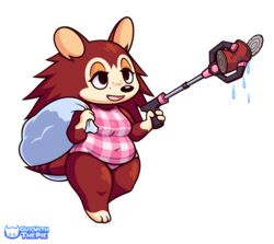  2021 animal_crossing anthro barefoot breasts brown_body can cleaning_tool clothing container digital_media_(artwork) eulipotyphlan feet female guywiththepie hedgehog hi_res lidded_eyes mammal nintendo one-piece_swimsuit sable_able signature simple_background slightly_chubby slightly_chubby_female smile solo swimwear thick_calves trash_bag watermark white_background 