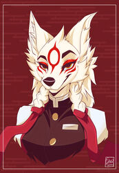  2022 absurd_res amaterasu_(okami) anthro canid canine canis capcom clothed clothing clover_studio deity demon_slayer facial_markings female fur head_markings hi_res kimetsu_no_yaiba mammal markings okami_(capcom) potatokamaos signature simple_background smile solo twintails uniform white_body white_fur wolf 