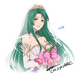  bouquet breasts bridal_veil cecilia_(bridal)_(fire_emblem) cecilia_(fire_emblem) cleavage cm_lynarc commentary dress english_commentary female fire_emblem fire_emblem:_the_binding_blade fire_emblem_heroes flower_brooch green_eyes green_hair holding holding_bouquet long_hair looking_at_viewer medium_breasts official_alternate_costume parted_lips smile solo teeth tiara veil very_long_hair watermark wedding_dress white_background white_dress 