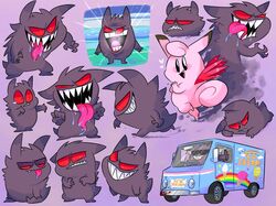  2018 ambiguous_gender anthro black_eyes bodily_fluids clefable commercial_vehicle curled_tail delivery_(commerce) delivery_vehicle duo eyewear food_truck frown generation_1_pokemon gengar heart_symbol ice_cream_van medium_truck multi-stop_van multiple_poses nintendo pink_body pink_skin pokemon pokemon_(species) pose red_eyes red_wings saliva sharp_teeth smile sunglasses tail teeth tongue toony truck_(vehicle) van vdru7 vehicle wings 