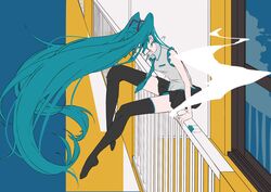  aqua_hair aqua_necktie arm_support balcony bare_shoulders between_fingers black_skirt black_thighhighs blue_background cigarette cigarette_pack closed_eyes closed_mouth collared_shirt commentary eiku facing_down female flat_color floating_hair from_side full_body glass_door grey_shirt hair_ornament hatsune_miku highres holding holding_cigarette knee_up ledge long_hair necktie no_detached_sleeves no_shoes on_railing outdoors outstretched_leg pleated_skirt railing shirt signature sitting skirt sleeveless sleeveless_shirt smoke_trail solo thighhighs twintails very_long_hair vocaloid 