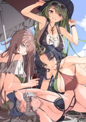  4girls :q absurdres ahoge armpits azur_lane bare_shoulders beach_umbrella bikini black_bikini black_hair blue_eyes blue_sky blush bottle bow breasts check_commentary cleavage commentary_request crown day eyewear_on_head facial_mark flower forehead_mark green_hair grey_eyes grey_hair hair_between_eyes hair_flower hair_ornament hairbow heterochromia highres holding holding_bottle impero_(azur_lane) jewelry large_breasts littorio_(azur_lane) littorio_(the_glory_of_naples)_(azur_lane) long_hair looking_at_viewer lying monokini multicolored_hair multiple_girls navel official_alternate_costume on_side outdoors red_eyes red_hair roma_(azur_lane) sky smile soda_bottle streaked_hair sunebu_(snake_boo2) sunglasses swimsuit tongue tongue_out umbrella very_long_hair vittorio_veneto_(azur_lane) vittorio_veneto_(the_flower_of_la_spezia)_(azur_lane) yellow_eyes 