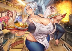  5girls absurdres alcohol apron bare_shoulders belt blue_skin blush bottle bowl breasts brown_belt brown_hair character_request cleavage closed_eyes collarbone colored_skin commission cooking crop_top cup curvy cutting_board denim ear_piercing fire folded_ponytail food gofa hanako_(debauncheryninja) high_ponytail highres holding holding_tray horns huge_breasts indoors juice_box kitchen kitchen_range knife looking_to_the_side mole mole_under_mouth multiple_girls noodles open_mouth original parted_lips piercing pink_hair pot ramen restaurant sakazuki sake sideboob sidelocks standing stove sweat thick_thighs thighs tray white_apron white_hair yakisoba 