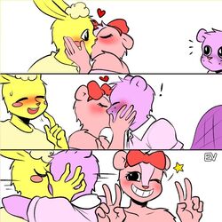  2021 anthro beaver bisexual blush cuddles_(htf) digital_media_(artwork) ev_htf_(artist) female fur gesture giggles_(htf) group group_kissing hand_gesture happy_tree_friends kiss_on_lips kissing lagomorph leporid looking_at_viewer male male/female male/male mammal meme open_mouth ot3_kiss_(meme) pink_body pink_fur polyamory purple_body purple_fur rabbit ribbons rodent smile toothy_(htf) v_sign yellow_body yellow_fur 