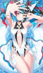  arms_up bad_id bad_twitter_id bare_shoulders black_hair black_one-piece_swimsuit blue_hair blush breasts commentary eyewear_on_head fate/grand_order fate_(series) female grin heart heart-shaped_eyewear highleg highleg_swimsuit highres kousaki_rui layered_swimsuit looking_at_viewer lying medium_breasts multicolored_hair navel on_back one-piece_swimsuit red_hair sei_shounagon_(fate) smile solo sunglasses swimsuit symbol-only_commentary teeth thighs twintails w water wet white_one-piece_swimsuit yellow_eyes 