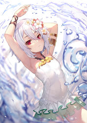  armlet armpits arms_up bare_shoulders blurry blurry_foreground cameltoe chinese_commentary collarbone commentary_request cowboy_shot elf female flower frilled_one-piece_swimsuit frills hair_between_eyes hair_flower hair_ornament highres kokkoro_(princess_connect!) kokkoro_(summer)_(princess_connect!) looking_at_viewer mixed-language_commentary musyne_xsk one-piece_swimsuit partial_commentary photoshop_(medium) pointy_ears princess_connect! red_eyes short_hair solo swimsuit water_drop white_hair white_one-piece_swimsuit 