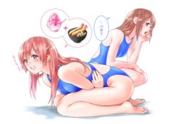  2girls barefoot blue_one-piece_swimsuit brown_eyes brown_hair clenched_teeth commentary_request competition_swimsuit feet food full_body hair_ornament hairclip highres long_hair macosee multiple_girls one-piece_swimsuit open_mouth original seiza shaved_ice shrimp shrimp_tempura simple_background sitting soles speech_bubble spoken_food spoken_object squatting stomach_ache swimsuit tears teeth tempura toes translation_request white_background 