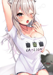  animal_ears arm_up bare_shoulders black_nails blurry blurry_background blush breasts choker cleavage collarbone ear_piercing female from_above grey_eyes grey_hair hair_between_eyes hand_to_own_mouth highres hololive jewelry large_breasts lion_ears lion_girl lion_tail long_bangs long_hair looking_at_viewer messy_hair necklace no_bra oerba_yun_fang official_alternate_costume official_alternate_hairstyle one_eye_closed open_mouth piercing print_shirt shirt shirt_slip shishiro_botan shishiro_botan_(casual) short_shorts short_sleeves shorts simple_background ssrb_(shishiro_botan) tail virtual_youtuber waking_up white_background yawning zacky 